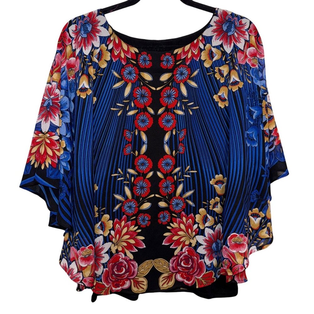 Ruby Rd. Womens Floral Print Black/Blue Flutter Sleeve Top Large